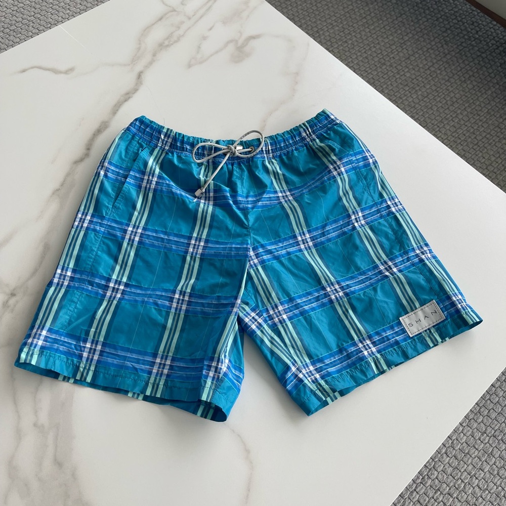 SHAN Teal and Blue Plaid Swim Shorts